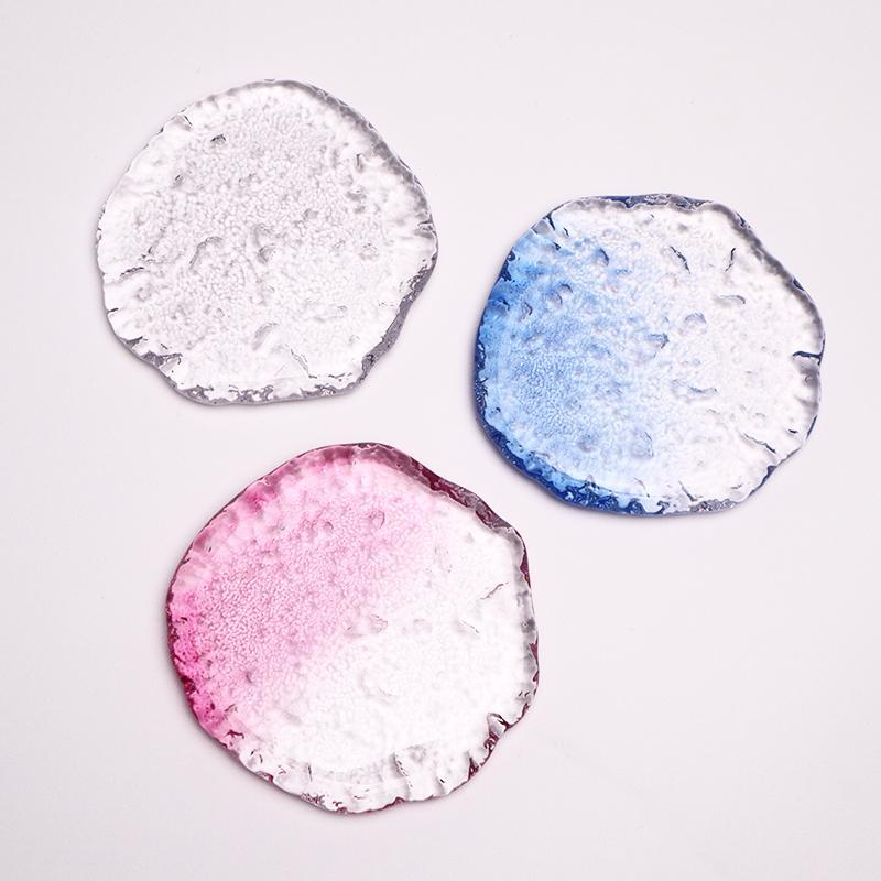 Japanese-style round Ice Dew crystal transparent pink Blue Gradient glass coaster heat insulation special-shaped relief fresh