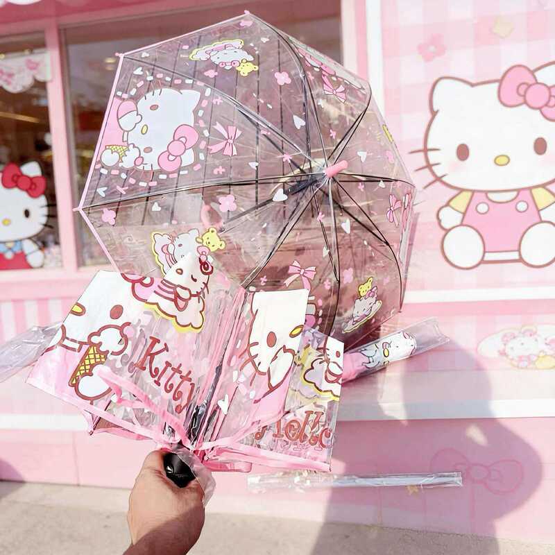 Hellokitty Hello Kitty Long-Handle Transparent Umbrella, Popular on the Internet, Foldable, Fully Automatic, High Aesthetic Value, Cute and Trendy