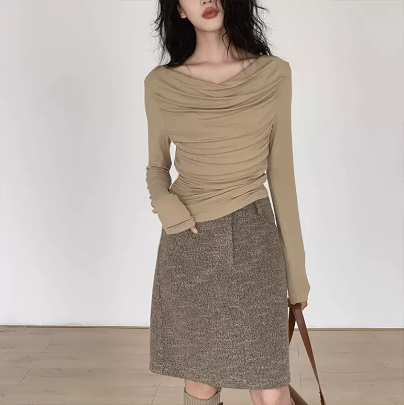 【YQGFS】早秋长袖上衣女设计感小众美拉德打底衫短款修身T恤美式