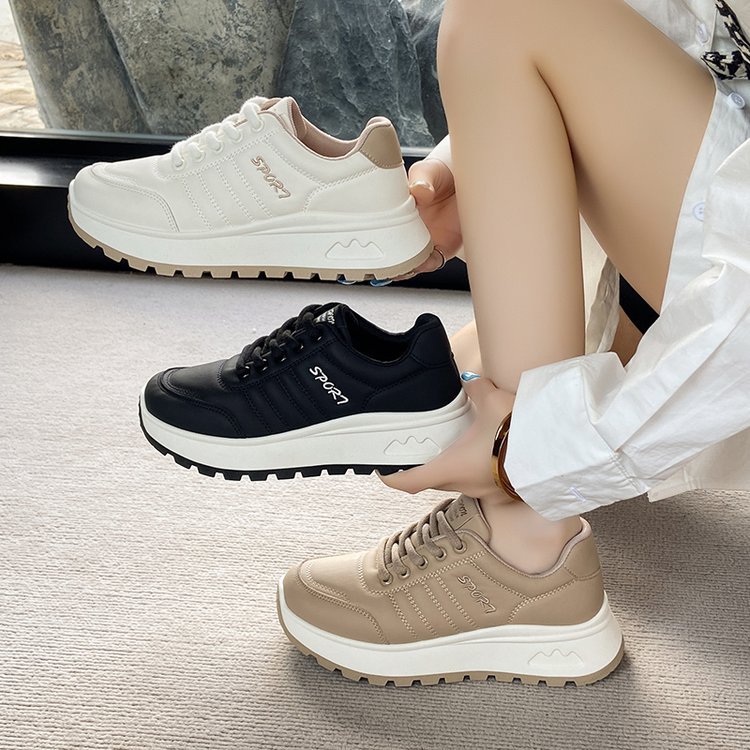 Korean Style Leather Retro Lace-Up Sneakers 2025 Autumn and Winter New Thick-Soled Running Shoes Women's Thick-Soled Casual Shoes