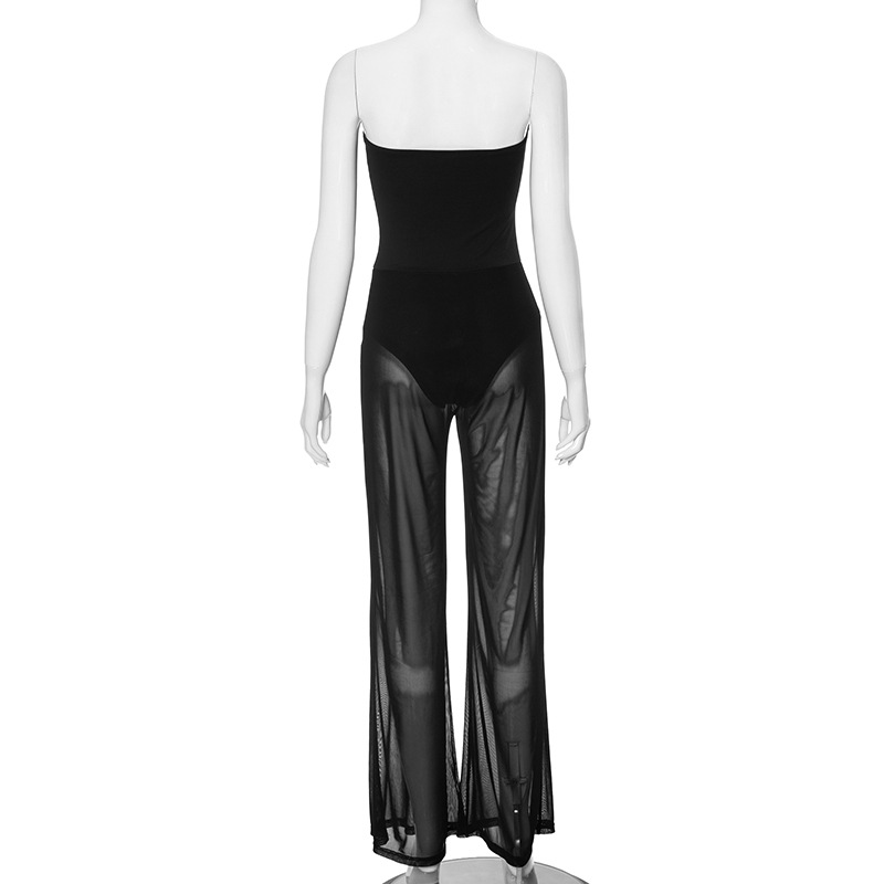 Women Clothing Autumn Winter Sleeveless Slim Fitting Patchwork See through Jumpsuit