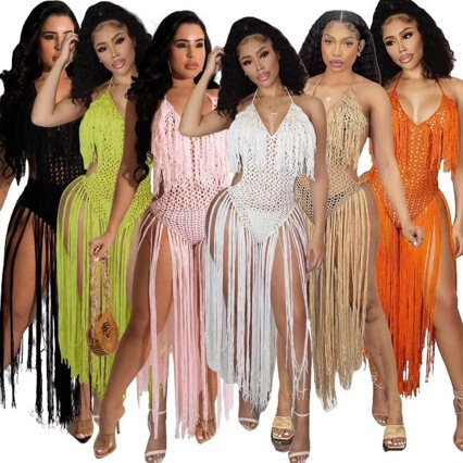 Sexy European and American Style Women's Beach Dress, Handmade Crochet Jumpsuit with Tassel Skirt, Amazon Tassel Swing Dance V-Neck Sexy European and American Style Women's Beach Dress, Handmade Crochet Jumpsuit with Tassel Skirt, Amazon Tassel Swing Dance V-Neck