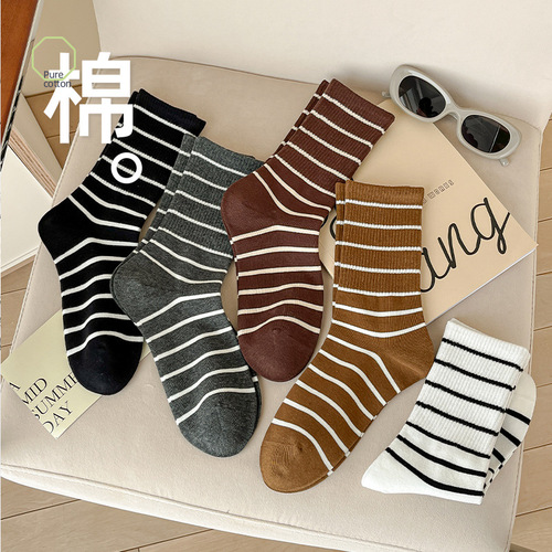 Autumn and Winter Maillard Color Women's Pure Cotton 7A Antibacterial Boneless Socks Fashion Mid-Calf Socks Xinjiang Cotton Stacked Socks for Women