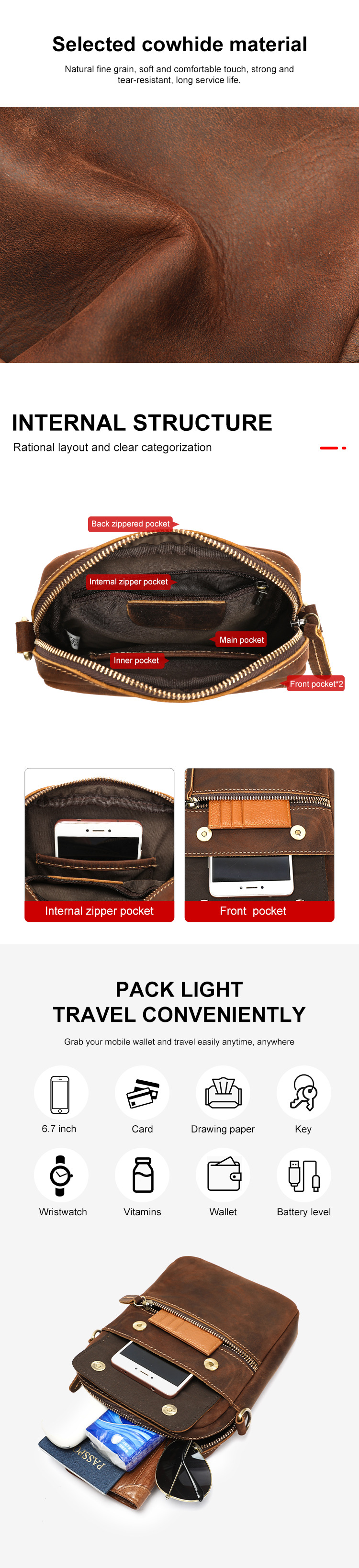 Túi đeo chéo nam da ngựa điên cổ điển, phong cách retro, đựng điện thoại và iPad — Cà phê Crazy Horse, Da đen sáng bóng, Hoa văn vải thiều đen, cỡ lớn., Cà phê chi tiết 2