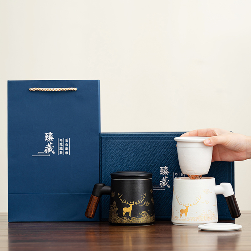 Retro Stoneware Golden Elk Office Tea Water Separation Filter Tea Cup Portable Anti-Scalding Handle Business Customization