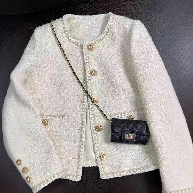 2025 Spring and Autum New Korean Style Off-White French Short Style Ladylike Tweed Jacket for Women