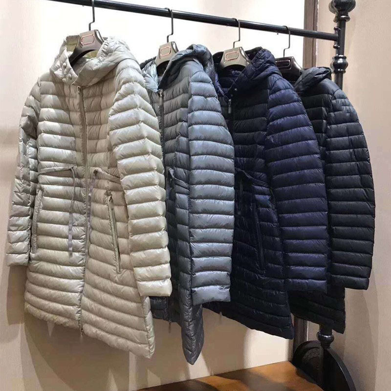 Classic Women's Hooded Lightweight down Jacket, Long Mc Waist-Cinching Goose down Coat, European and American Winter