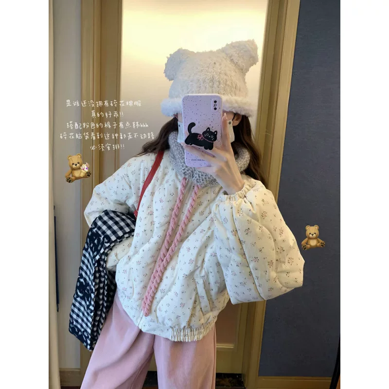 Winter cute warm down jacket, floral print