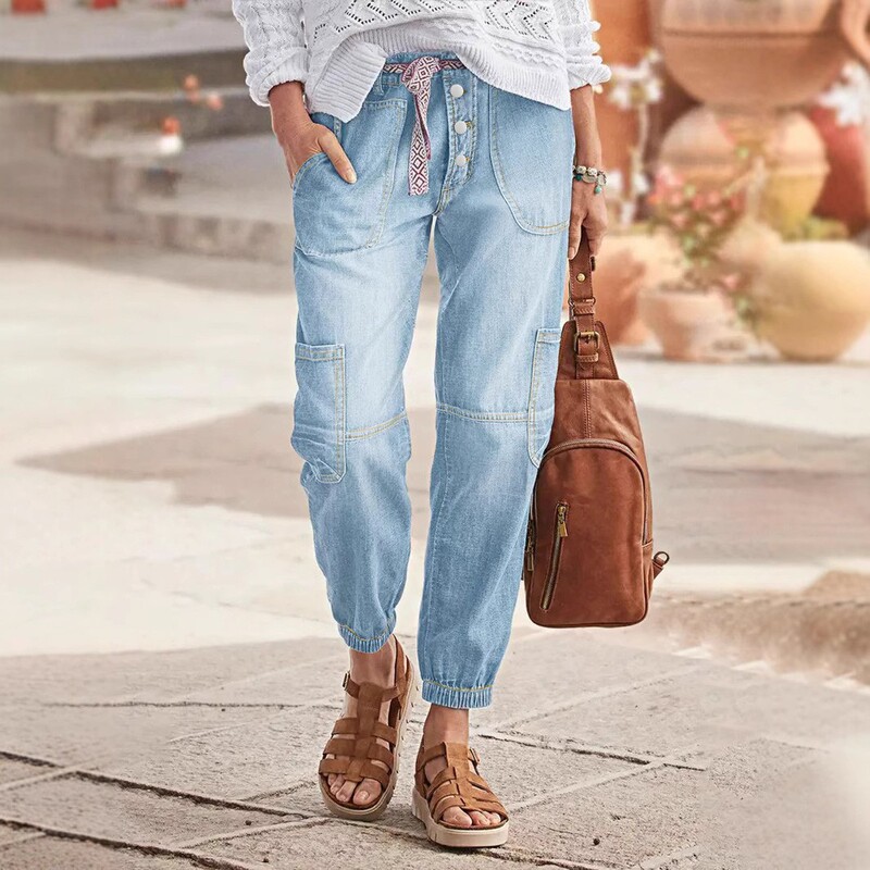 New Women's Jeans Temu, Tk, Shein Direct Supply European and American Elastic Leg-Tie Denim Nine-Point Pants