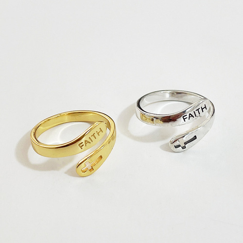European and American minimalist and versatile trendy Internet celebrity 925 sterling silver FAITH faith cross ring Japanese and Korean ring index finger