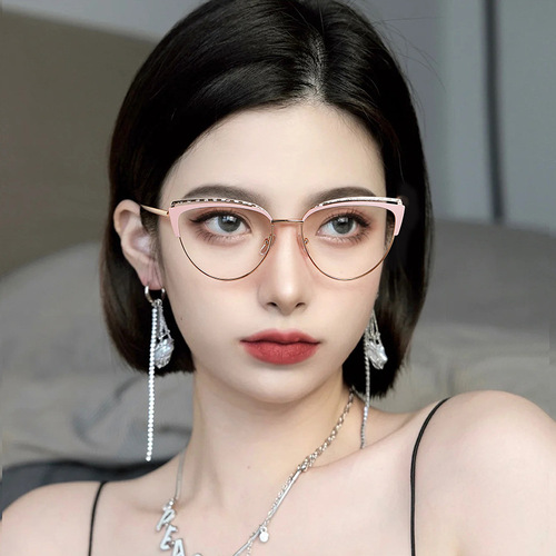 23 cross-border new metal anti-blue light discoloration flat glasses cat eye frame without makeup, small face, can be equipped with myopia frame