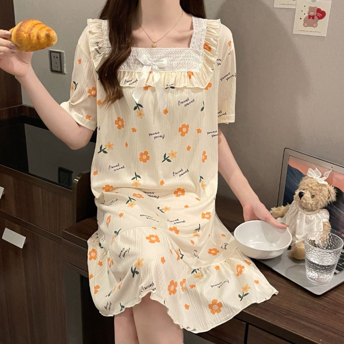 2024 pijama de mujer pijama de algodón de verano de manga corta encaje largo fresco ropa de hogar de estudiantes al por mayor