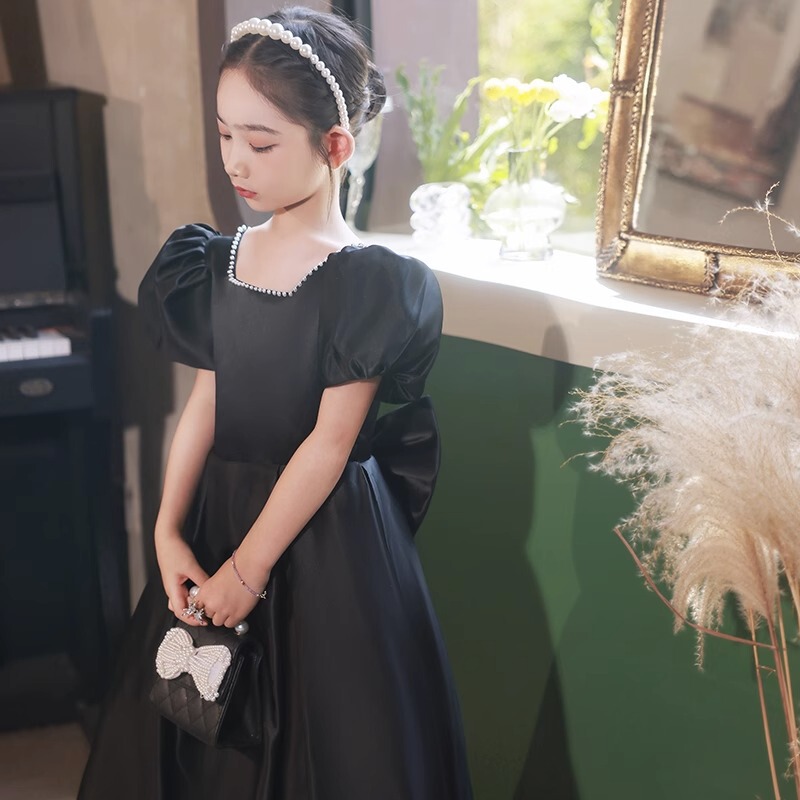 Girls Host Dress 2025 Summer New Satin Piano Violin Performance Costume Birthday Princess Dress