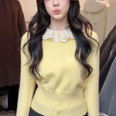 黄色假两件娃娃领长袖针织衫女秋冬季毛衣软糯内搭气质小香风上衣