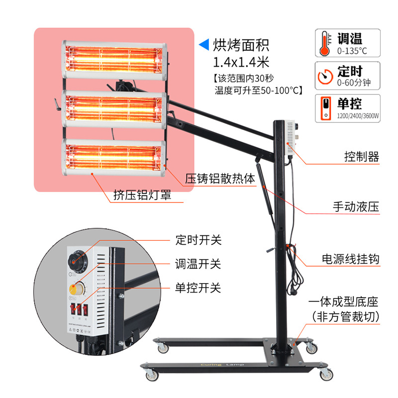 Lámpara de pintura para automóvil Infrarrojo de onda corta móvil Temperatura ajustable Lámpara para hornear Pintura de onda corta Lámpara para hornear por infrarrojos 7800 vatios