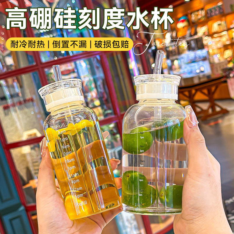 High borosilicate double lid time scale glass portable accompanying cup high color value ins wind straw cup wholesale