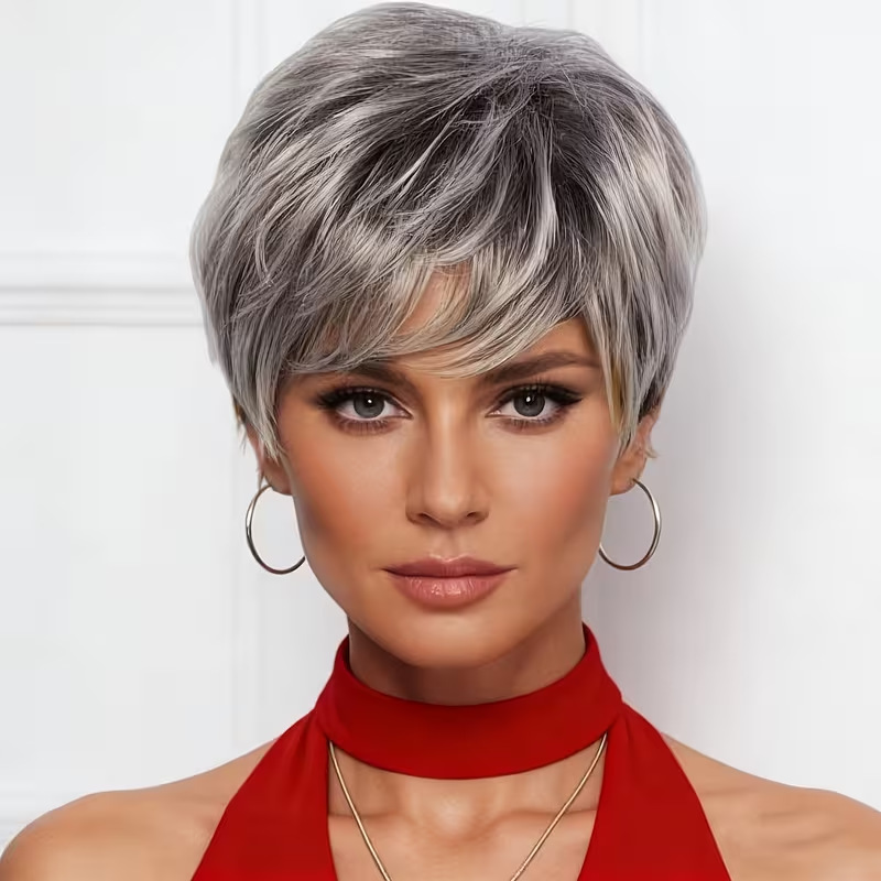 Cross-border women's gradient gray pixie short hair wig with side bangs and layers, silver-gray highlights, full head wig wholesale Cross-border women's gradient gray pixie short hair wig with side bangs and layers, silver-gray highlights, full head wig wholesale