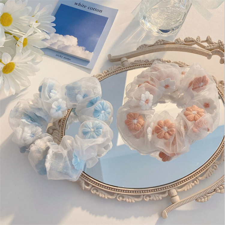 浪漫藍粉~甜美刺繡花朵發圈歐根紗大腸圈發繩ins網紗頭繩少女髮飾