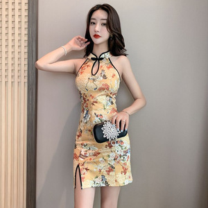 Retro printed backless slit improved cheongsam dress