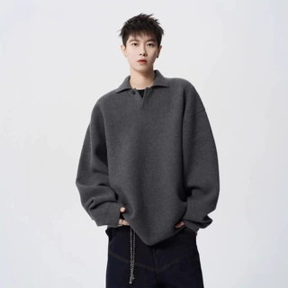 高级感POLO领毛衣男春秋季潮牌慵懒bf纯色针织衫美式百搭情侣上衣