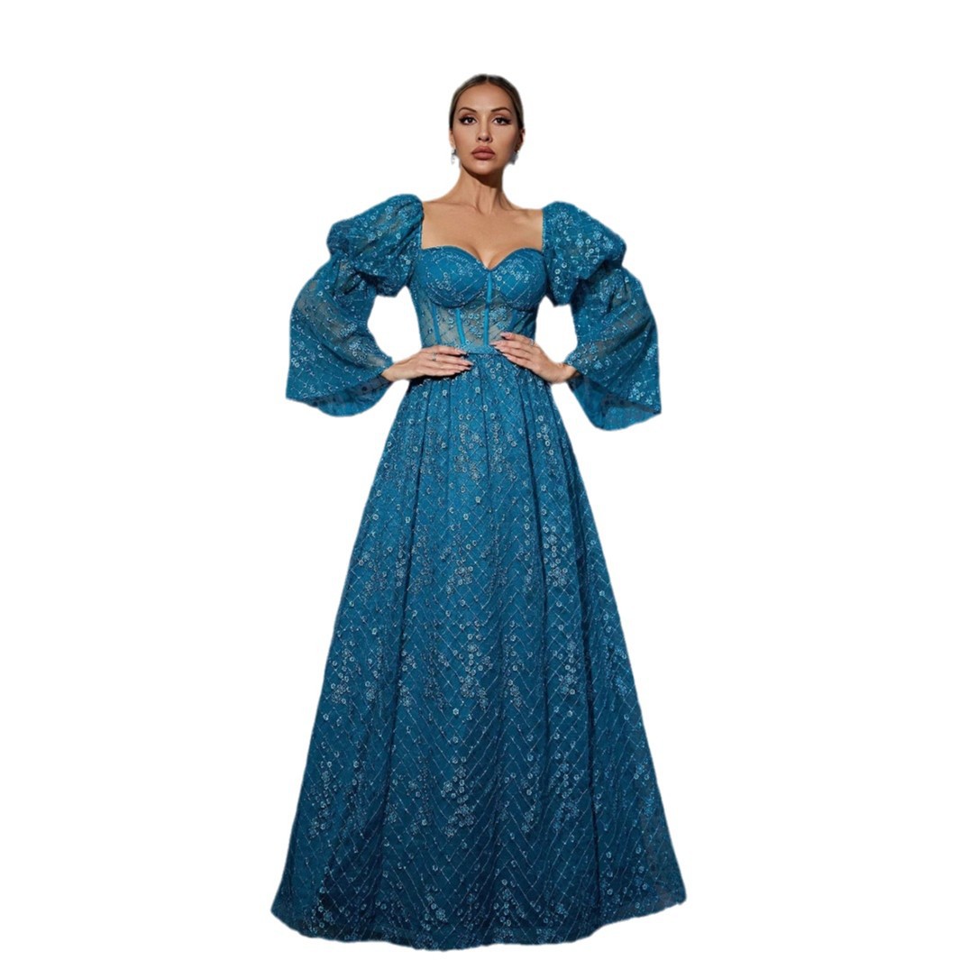 Burbujas transfronterizas de Amazon más mangas de trompeta nuevo vestido de fiesta de baile de nicho bordado supersticioso vestido de noche