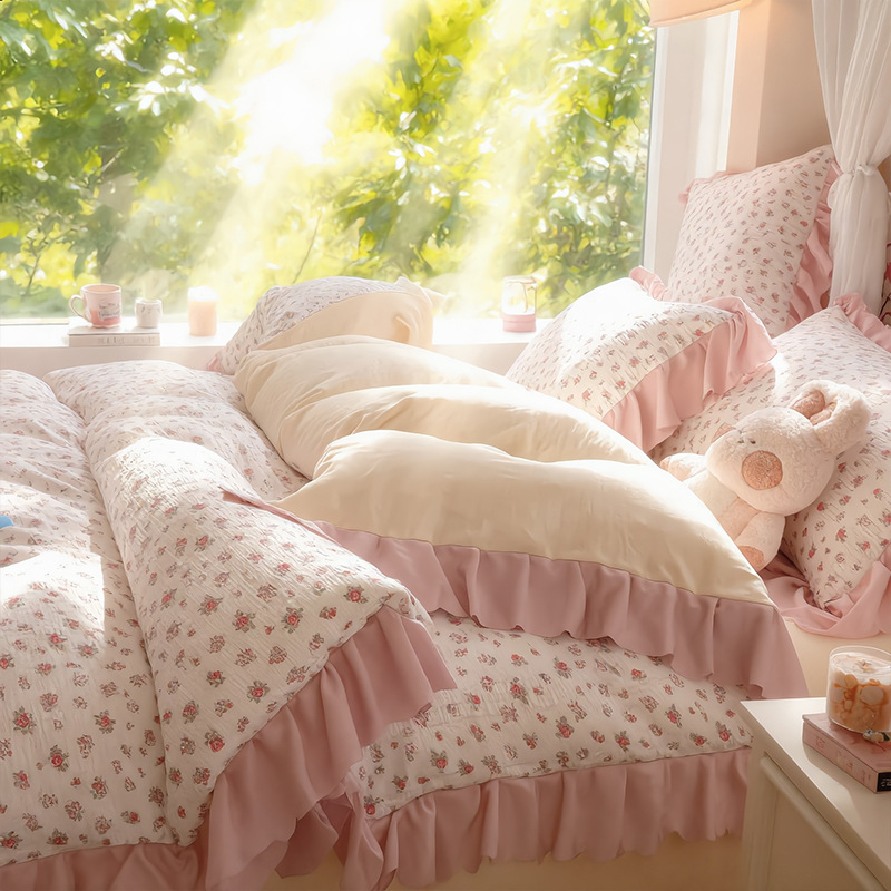 26 bambú de algodón cama de cuatro piezas pequeñas flores frescas pequeñas flores de encaje estilo de viento princesa viento tres piezas flor de bosque