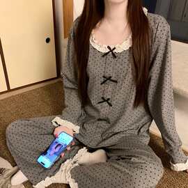 甜美可爱少女小波点花边蝴蝶结针织长袖长裤休闲宽松家居服套装