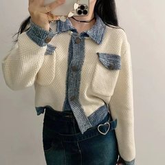韓国風シックでおしゃれな、切り替えと配色が特徴の若々しい春秋用ジャケット、小香風ミックスカラーのニットカーディガン