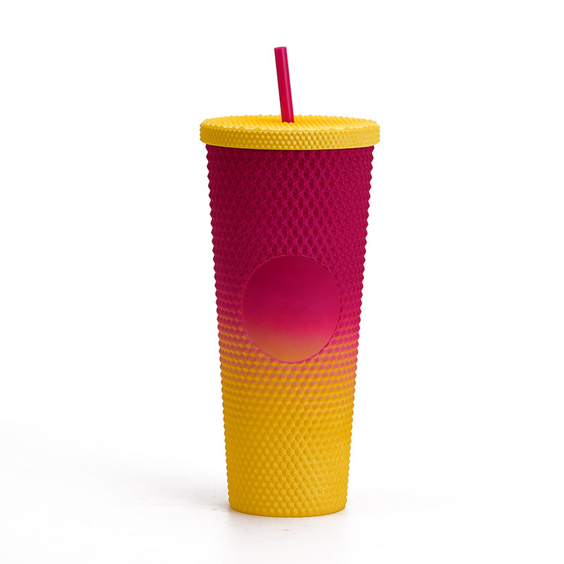 二層プラスチックストローカップ大容量クリエイティブ 710 ミリリットルドリアンカップハンドカップ発光変色レインボーグラデーションカップ|undefined