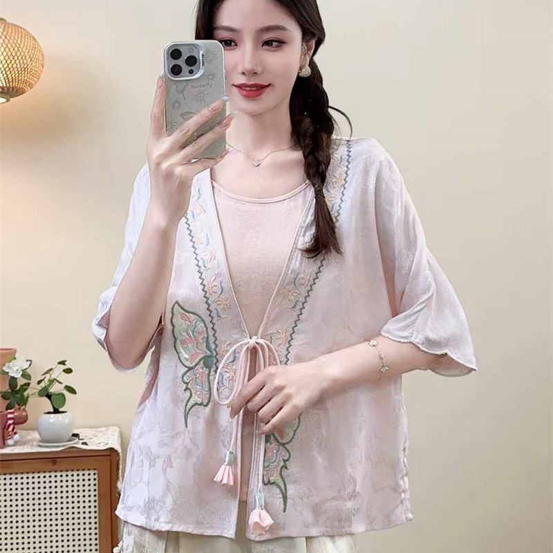 2025 Summer Solid Color Satin Jacquard Tie Deep V-Neck National Style Cardigan Artistic Embroidered Chinese Style Women's Shirt