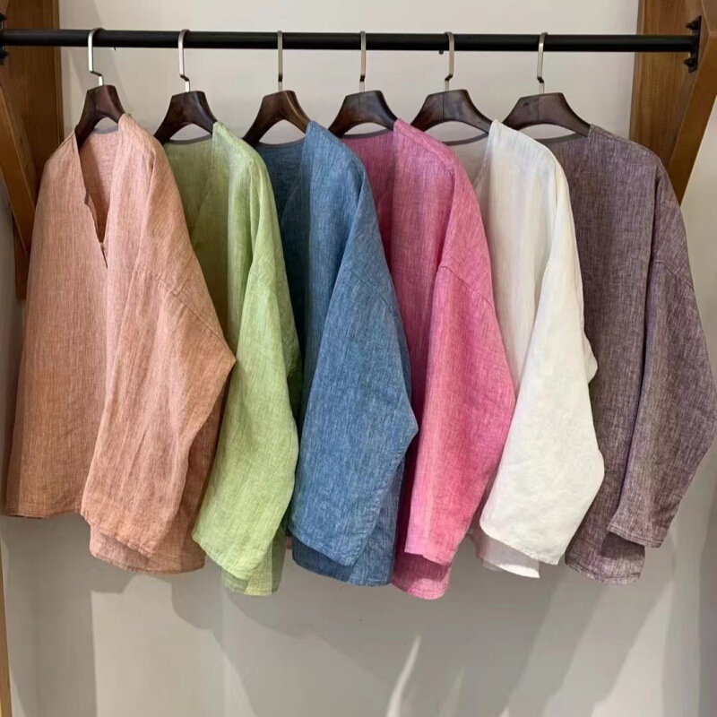 Japanese-Style Half-Open Button V-Neck Linen Top for Women, Autumn New Retro Literary Loose Versatile Slimming Long-Sleeve T-Shirt