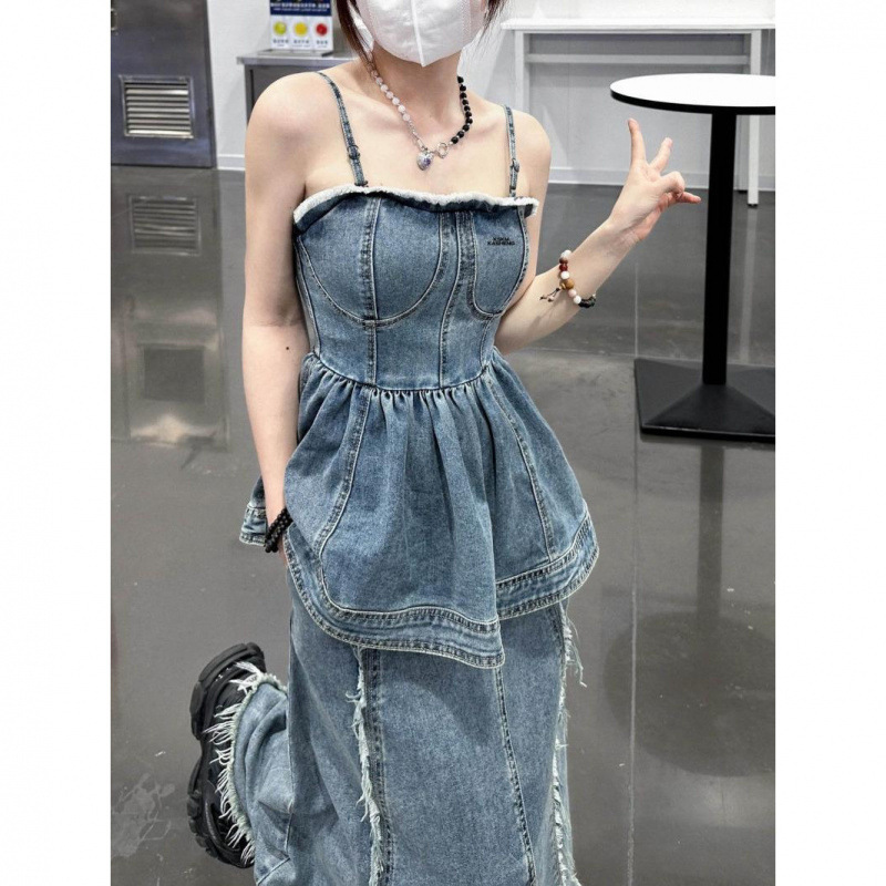 French Denim Dress Suit for Women Summer New Thin Petite Hot Girl Slimming Suspender Skirt Two-Piece Set
