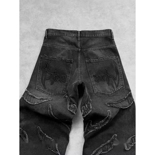 Hip Hop Punk Embroidery Jeans Y2K Retro Loose Jeans Men's Retro Pattern Stitching High Waist Jeans
