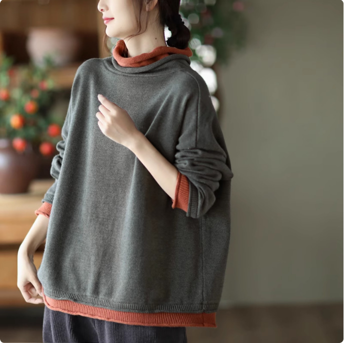2024 Autumn and Winter New Vintage Fashion Contrast Color Fake Two-piece Pullover Top Women's Loose Knitted All-match Sweater Inner 2024 Autumn and Winter New Vintage Fashion Contrast Color Fake Two-piece Pullover Top Women's Loose Knitted All-match Sweater Inner