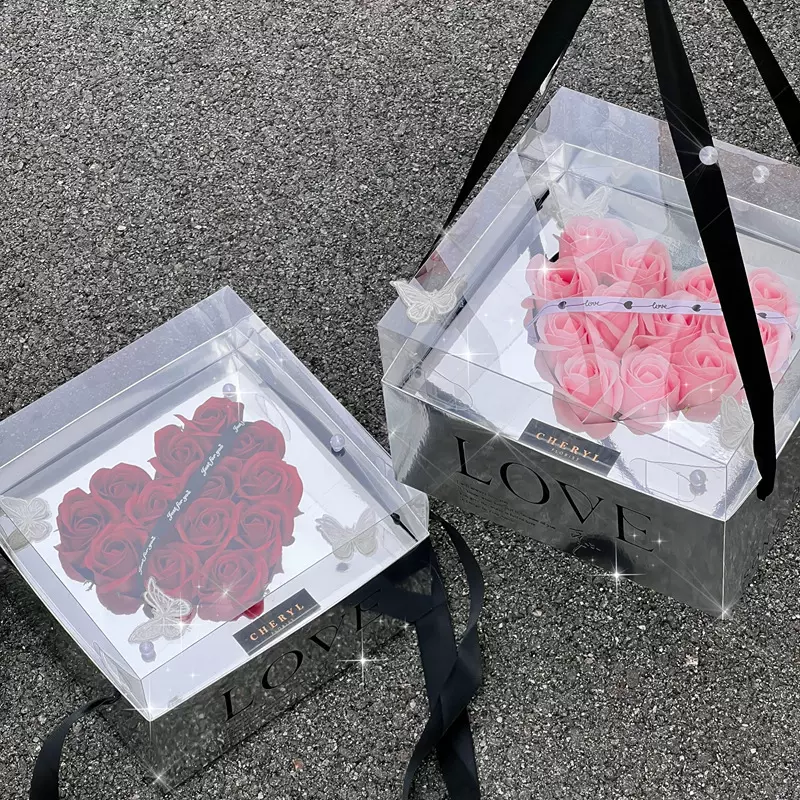 镜面银色手提盒鲜花包装爱心玫瑰插花礼盒花束包装圣诞情人节花盒