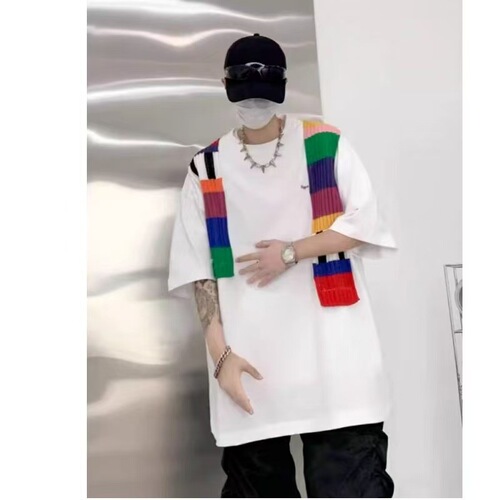 Funkixia Color Block Oversize Design Embroidered Crew Neck Streetwear Loose Short Sleeve T-Shirt for Men and Women