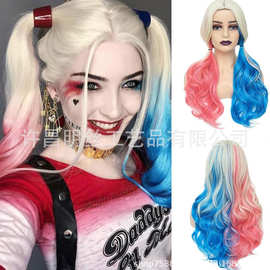 外贸假发cosplay电影HarleenQuinzel小丑女哈莉奎茵渐变红蓝假发