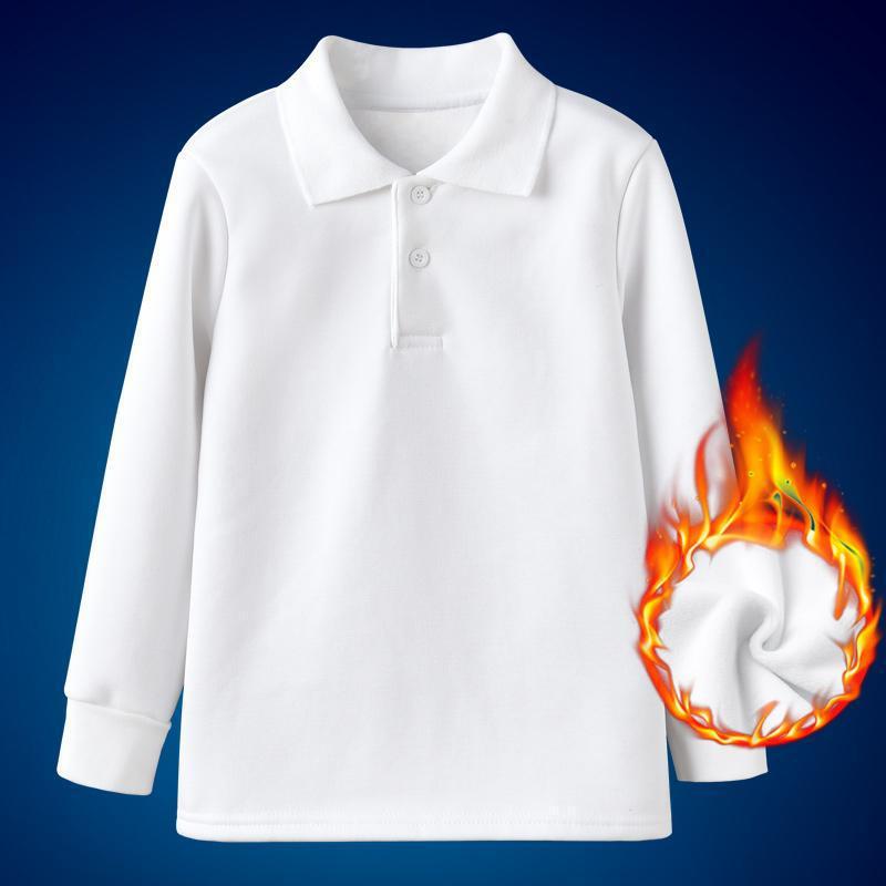 Children's Fleece-Lined Thickened Warm Base Layer Long-Sleeve T-Shirt Solid Color Autumn and Winter Children's White Polo Shirt School Uniform T-Shirt