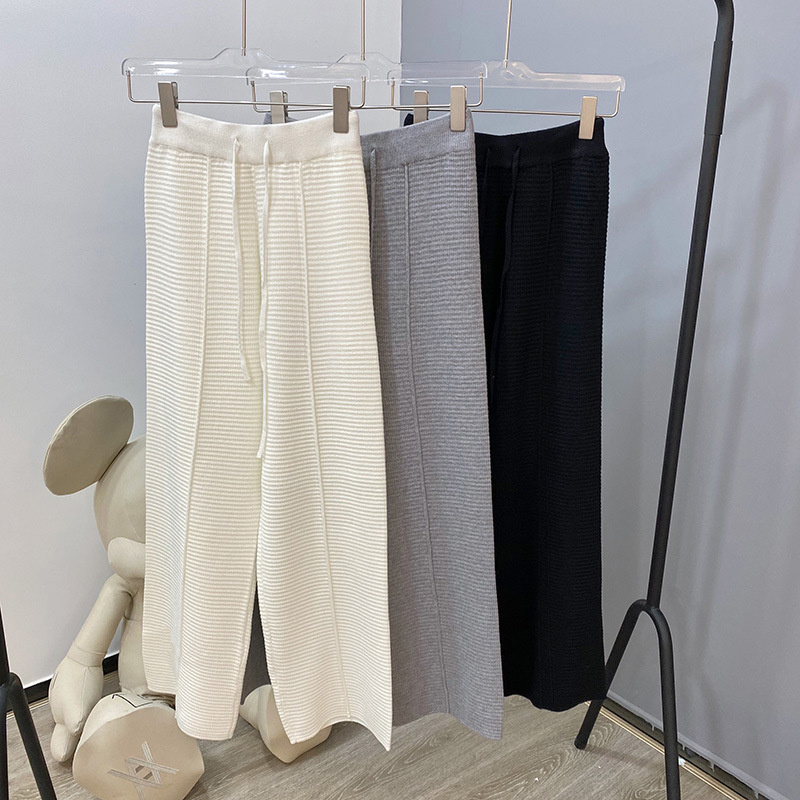 Special offer! White Waffe Pattern Knitted Wide-Leg Pants Women's Winter High Waist Dosing All-match Loose Straight Trendy Pants
