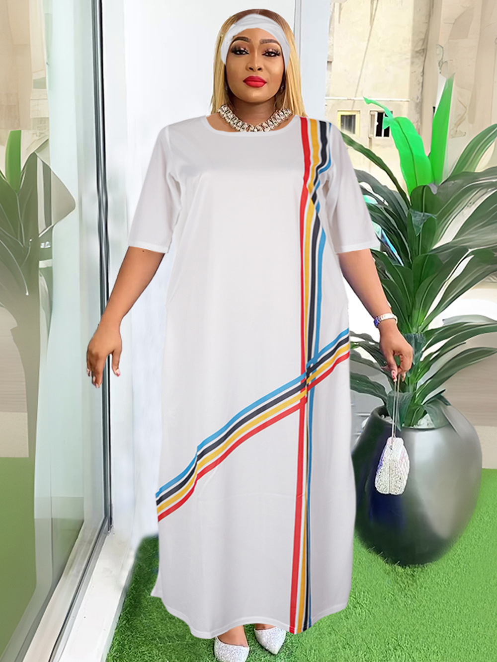 AliExpress Amazon Cross-border Source African plus size European and American Women's Color Striped dress with Headscarf