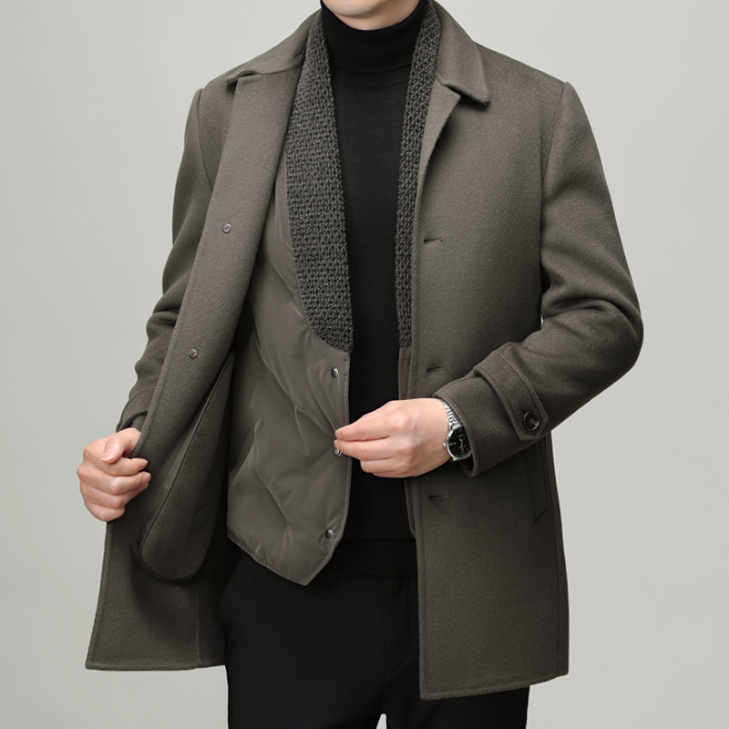 [100% Pure Wool] Men's Mid-Length Wool Coat with Detachable Goose Down Liner, Mid-Aged Outerwear