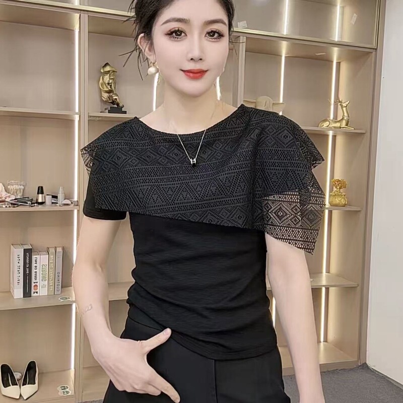 Women's New Summer Round-Neck Patchwork T-Shirt, Fashionable and Versatile Top, Stylish Short-Sleeve Base Shirt for Moms