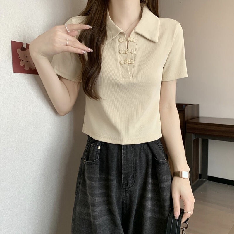 中国風半袖中国風ポロカラーボタンショルダーソリッドカラーTシャツレディースショートVネックフレッシュスリムフィットトップ|undefined