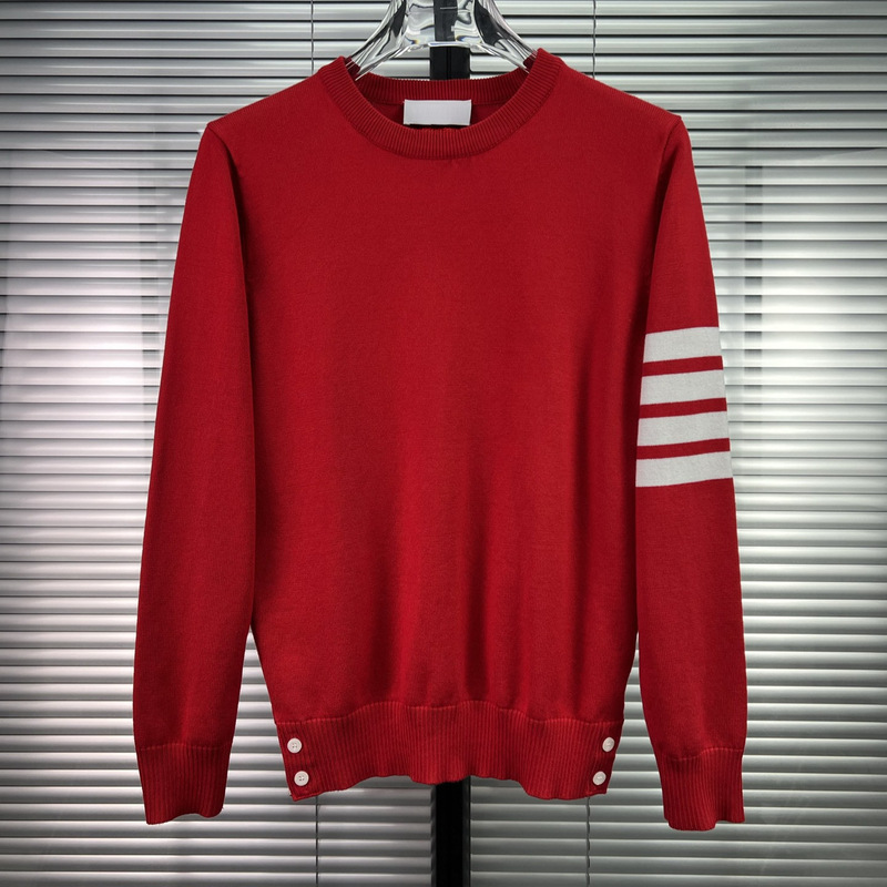 Tb Pullover Knit Sweater with Four Stripes, Unisex, Red for the New Year, Casual Versatile Round Neck Two-Button Sweater