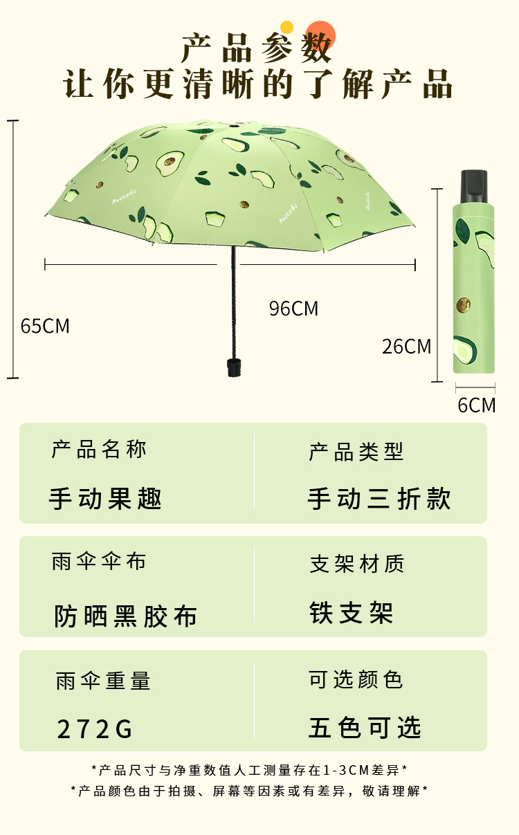 雨伞大量批发自动水果伞防晒晴雨两用遮阳三折黑胶太阳伞广告logo详情3