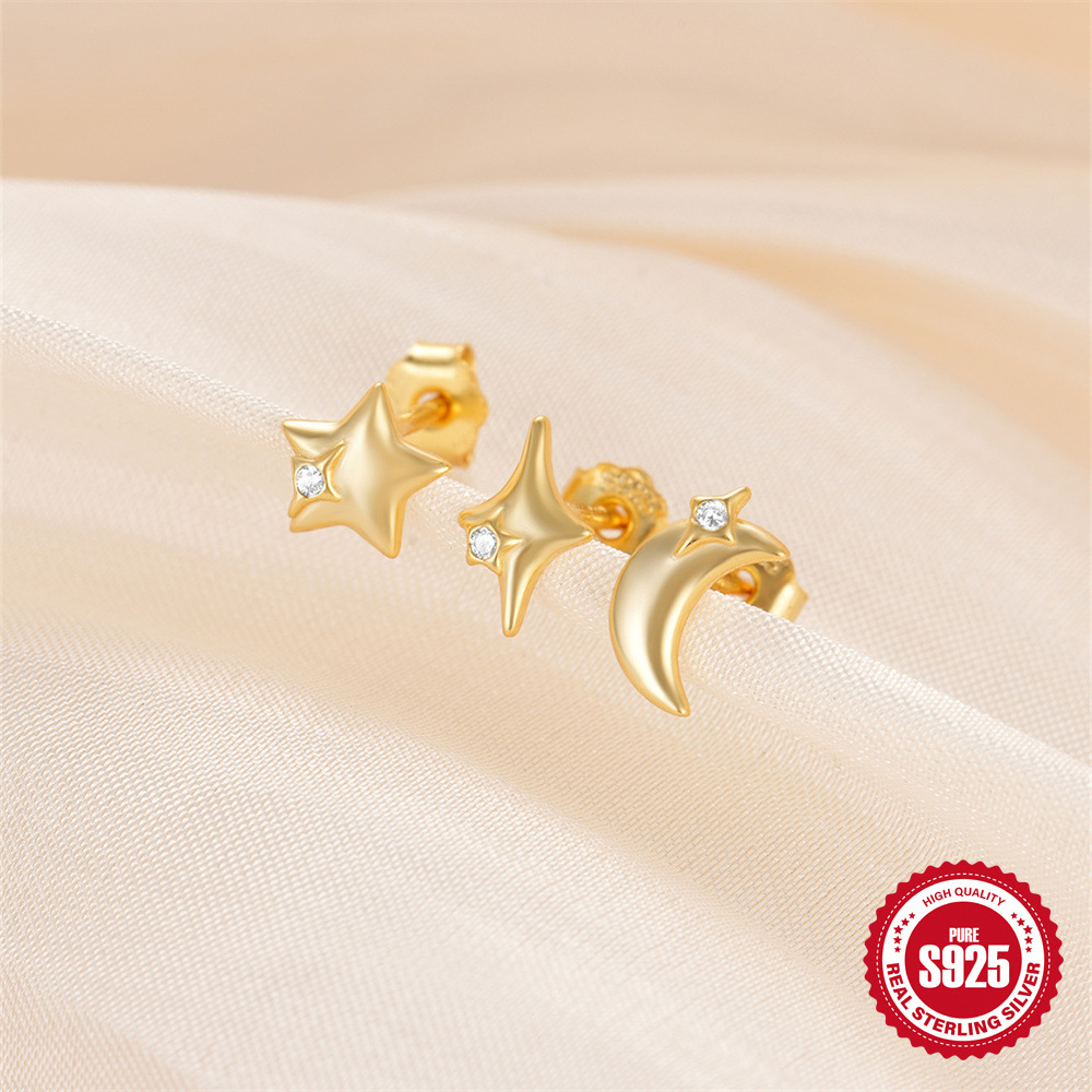 Nueva venta caliente europea y americana estilo ins s925 plata esterlina estrella luna elemento superficie brillante minimalista aretes de tres piezas pendientes