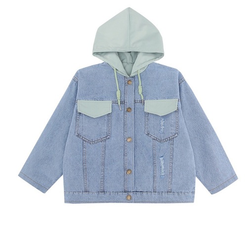 2024 spring new girls denim jacket autumn clothing for older children Korean style reversible denim hooded top