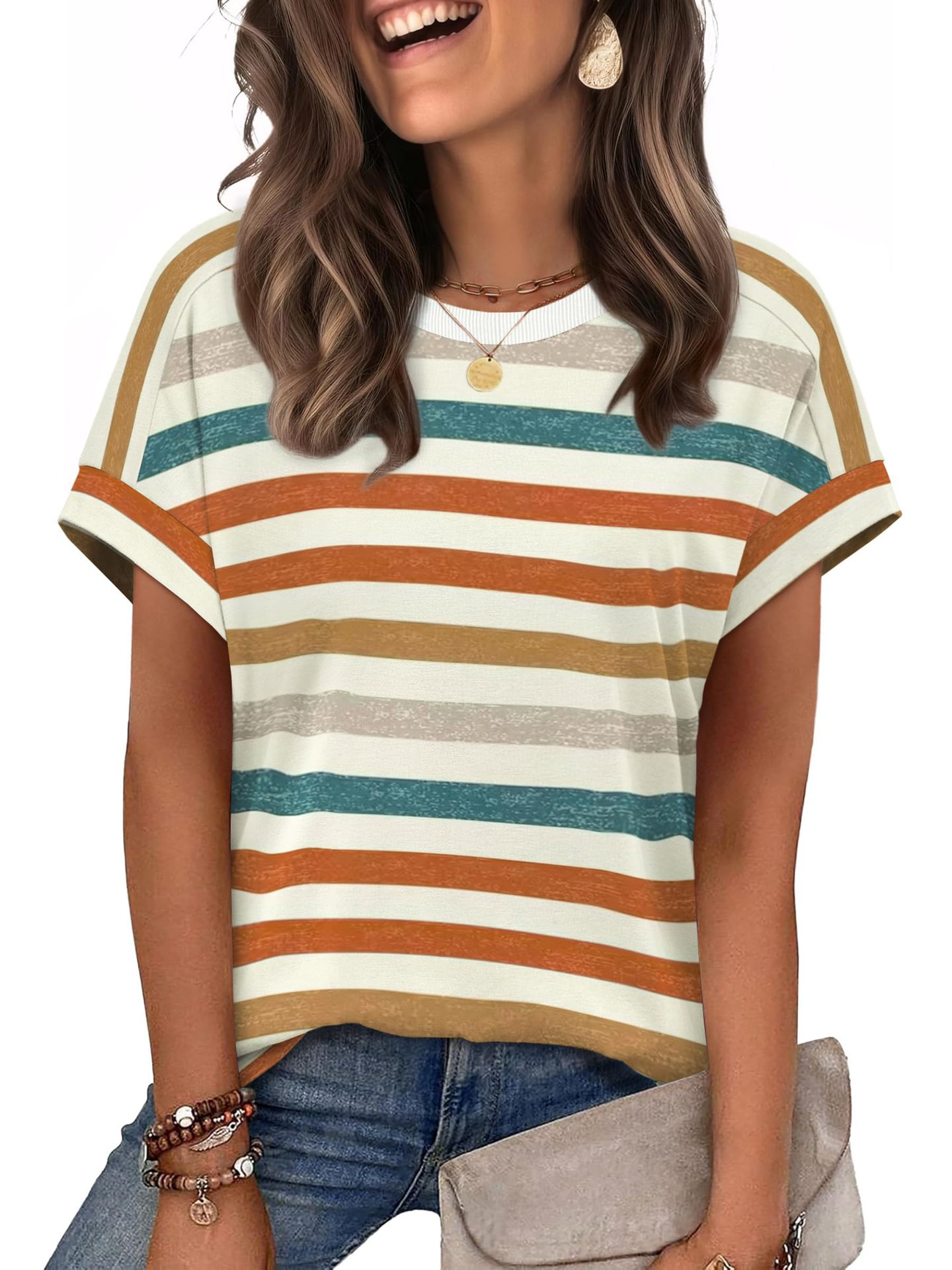 Summer New Women's Round Neck Casual Striped T-Shirt Short Sleeve Top American Style_ecoleips.com