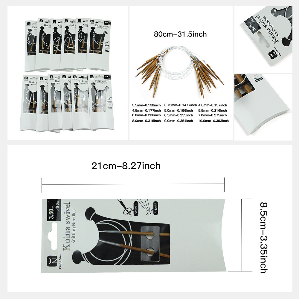 Agujas de trenzado transfronterizas NiceMet pulido a mano agujas de anillo unidas agujas de anillo de bambú carbonizadas 80CM embalaje independiente