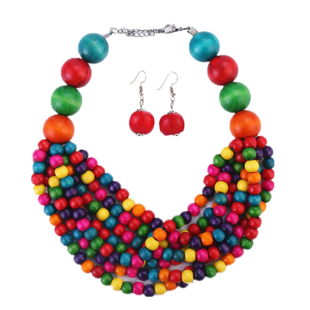 Ethnic wooden necklace, chain, set, accessory, ethnic style